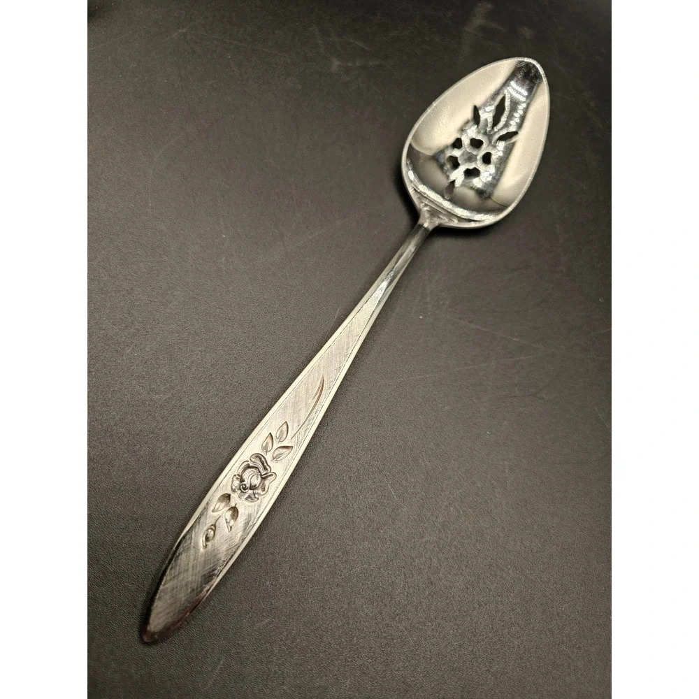 Vintage Community Stainless Morning Rose Slotted Serving Spoon Pierced Floral